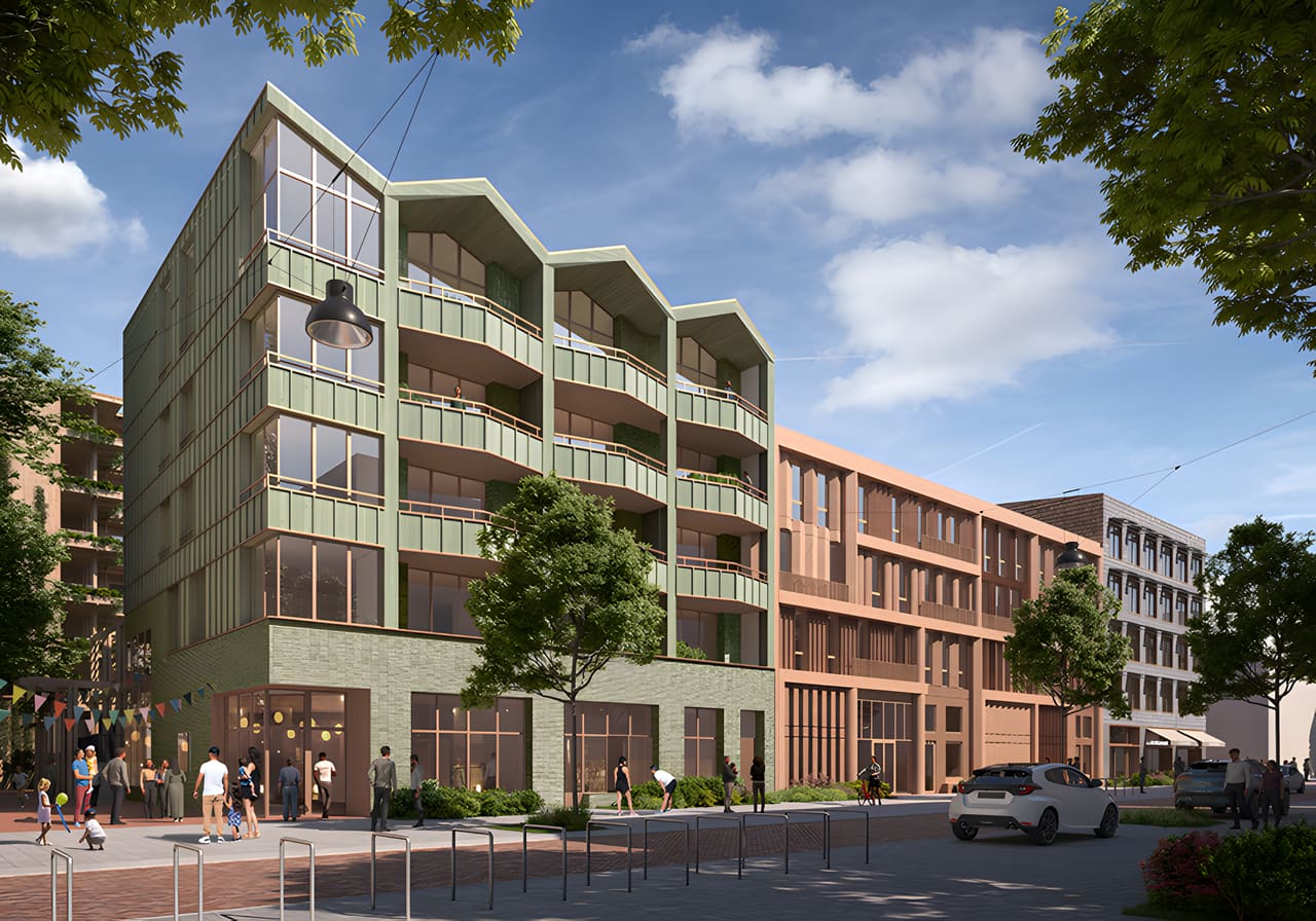 Kavel 10B, straatbeeld: gevel van Hollands hout met diepe overstekken