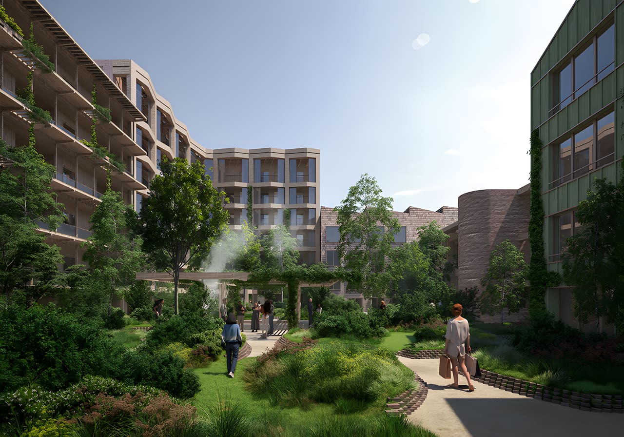 Kavel 10B, groene binnentuin tussen de houten woongebouwen