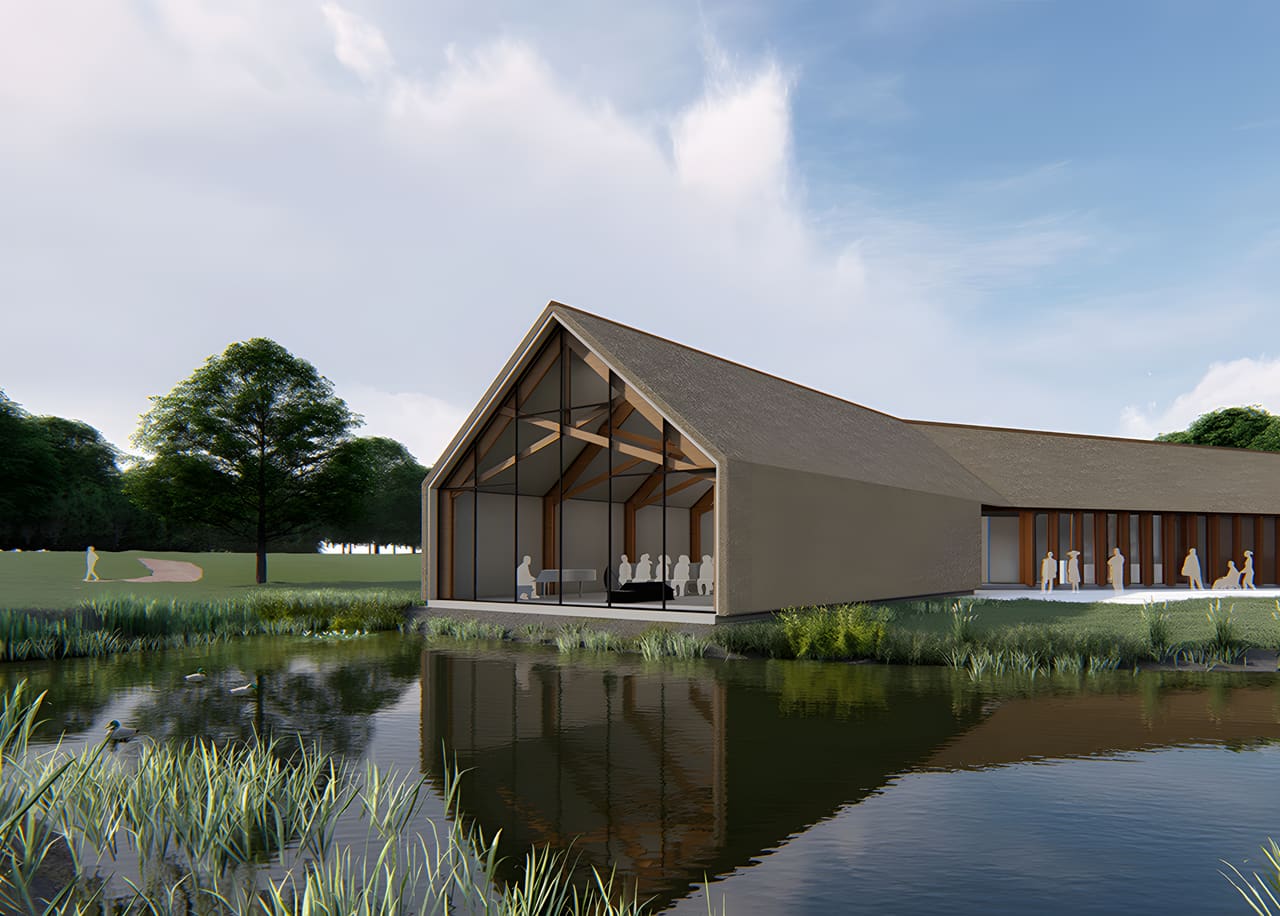 Herinneringspaviljoen natuurbegraafplaats Koningsoord, Arnhem: paviljoen als poort met overstek aan het water