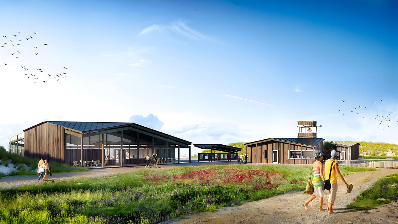 Nederzetting Marker Wadden: houten gebouwen met gedraaide daken in het eilandlandschap