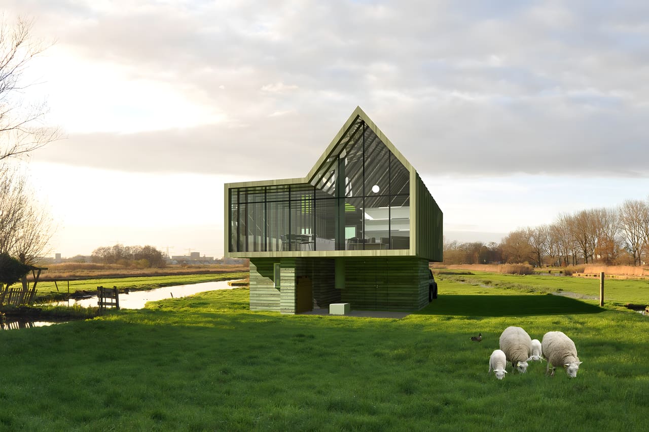 Houten huis, Zaanstreek: studie voor een woning van robuuste houten spanten in het Noord-Hollandse landschap