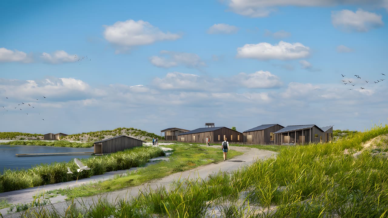 Nederzetting Marker Wadden: houten gebouwen in het duinlandschap van het eiland