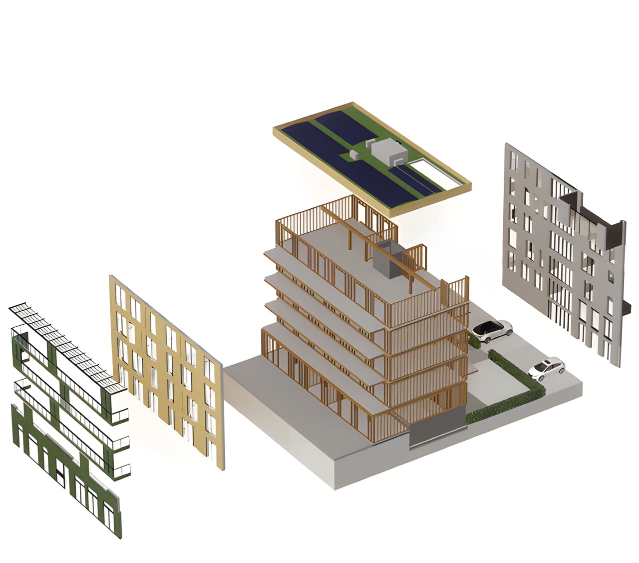 Houten woongebouw IJburg: opengewerkte tekening van de houten constructie, laag voor laag